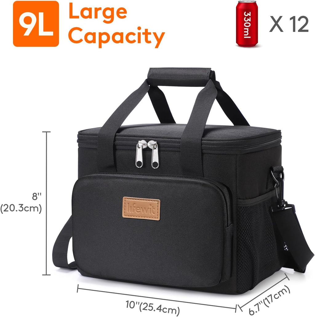 Lunch Bag 9L 12 Can Insulated Lunch Box Soft Cooler Cooling Tote for Adult Men Women, Black