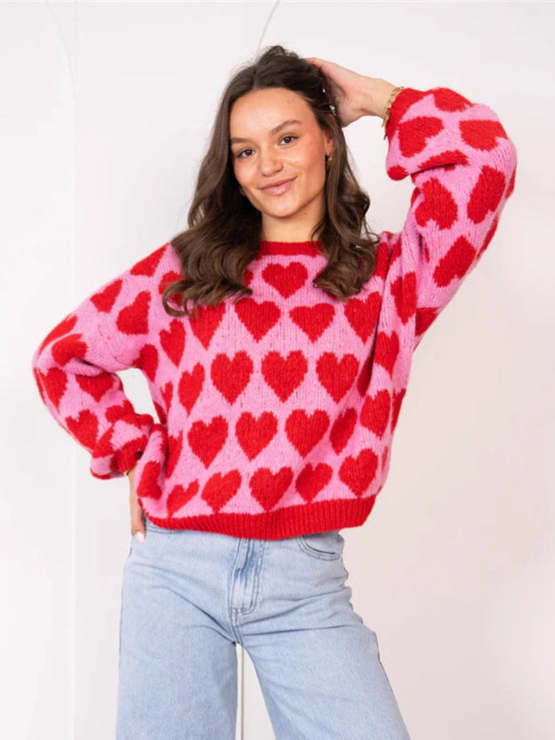 Heart Jacquard Color Contrast Short Knitted Valentine'S Day Sweater