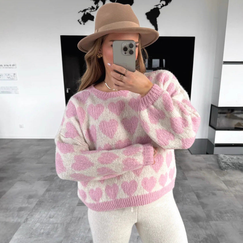 Heart Jacquard Color Contrast Short Knitted Valentine'S Day Sweater