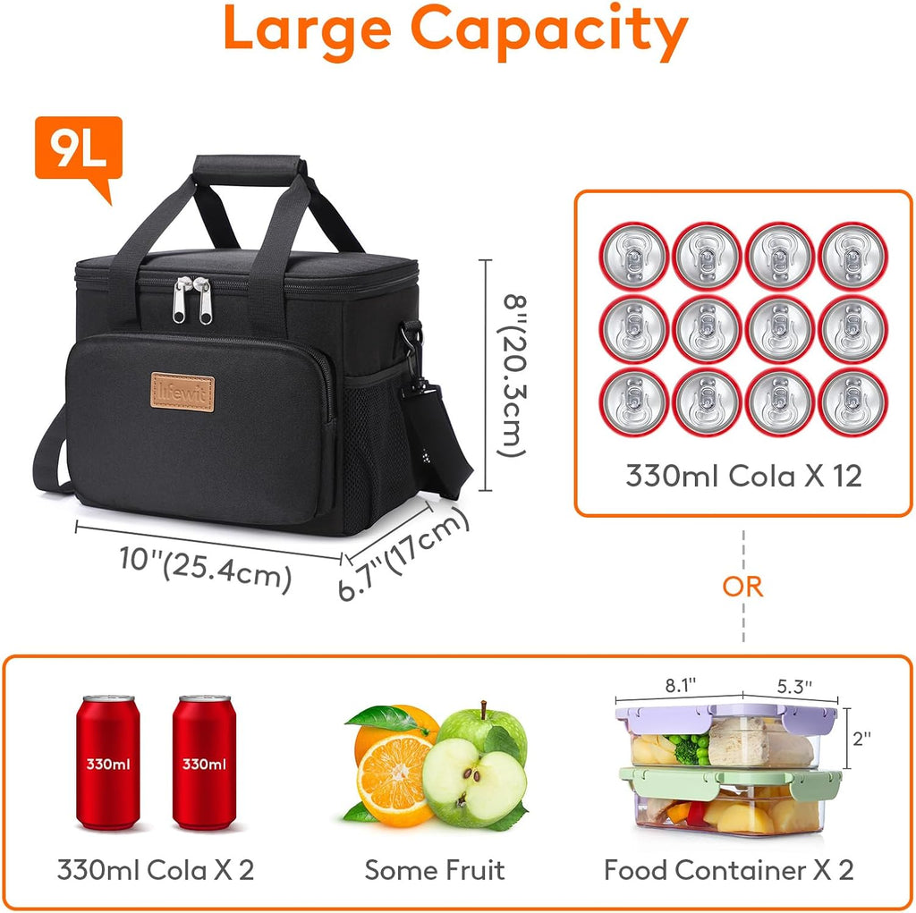 Lunch Bag 9L 12 Can Insulated Lunch Box Soft Cooler Cooling Tote for Adult Men Women, Black