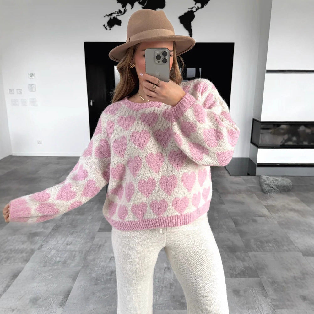 Heart Jacquard Color Contrast Short Knitted Valentine'S Day Sweater