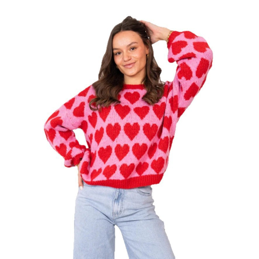 Heart Jacquard Color Contrast Short Knitted Valentine'S Day Sweater