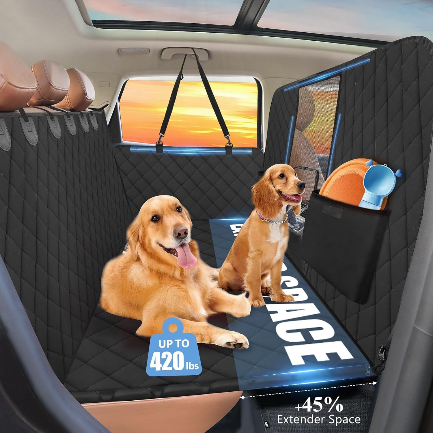High Barrier Back Seat Extender for Cars, Hard Bottom Dog Car Seat Cover Holds 420Lbs, Backseat Protector Pet Bed, Waterproof Dog Hammock for Suvs and Trucks