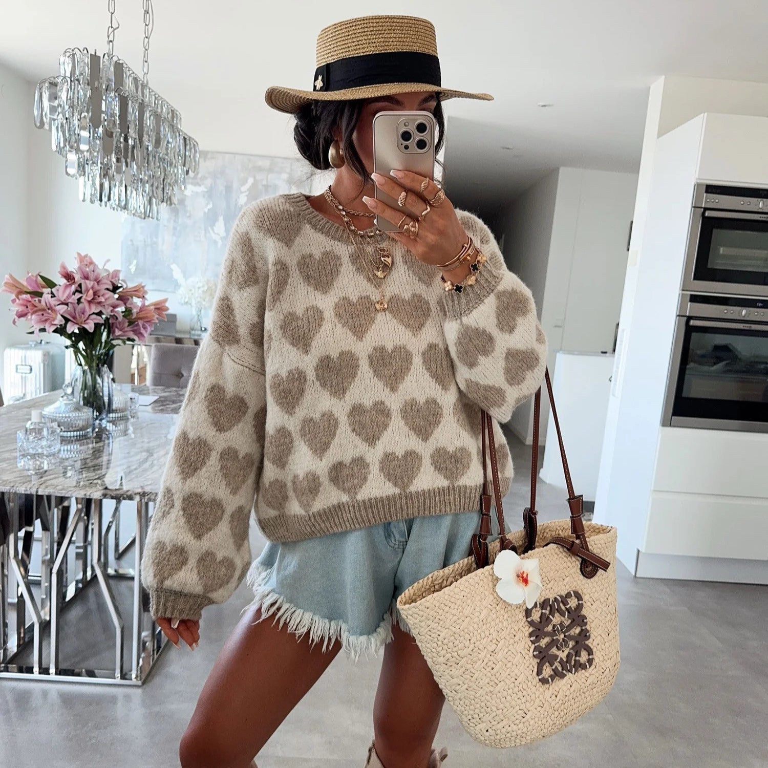 Heart Jacquard Color Contrast Short Knitted Valentine'S Day Sweater